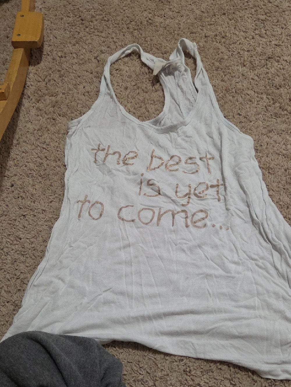 Aspire White Racerback Tank with Tan Graphic Text
